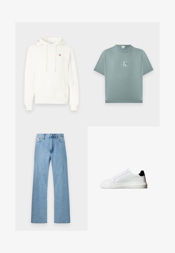 Sudadera blanca con capucha, confeccionada con una mezcla de algodón, que presenta un bolsillo canguro, capucha con cordón ajustable y un pequeño logo rojo de CK en el pecho.; Camiseta de manga corta color verde azulado claro con cuello redondo y logo de Calvin Klein centrado en texto blanco y negro en el frente.; Vaqueros de mezclilla azul claro de pierna recta con diseño de cinco bolsillos y cierre de botón en la cintura, exhibidos sobre un fondo simple.; Zapatillas de cuero blanco con un detalle en el talón negro, que cuentan con cordones planos, punta redondeada y una suela de goma acanalada para mejor agarre.