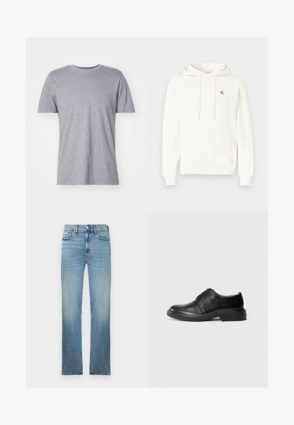 Hvid hættetrøje lavet af bomuldsblanding, med kængurulomme, hætte med snøre og et lille rødt CK-logo på brystet.; Grå, kortærmet t-shirt lavet af en bomuldsblanding, der har en klassisk crew neckline og en glat, blød tekstur.; Lyseblå denimjeans med lige ben, fem-lomme design og en falmet finish. Har knaplukning og bæltestropper.; Sorte læder oxford sko med rund tå, snørebånd foran og lav, stablet hæl på lys baggrund.