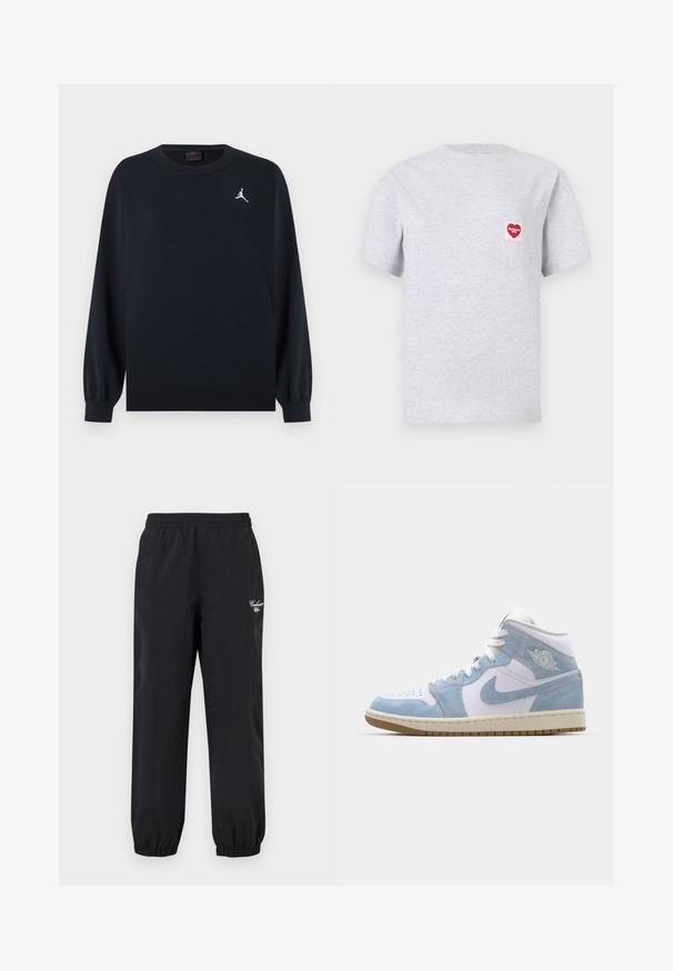 Musta pitkähihaisen pyöreäkauluksinen collegepaita, jossa on resorit hihansuissa ja helmassa sekä pieni valkoinen Jumpman-logo vasemmalla rinnalla.; Vaaleanharmaa puuvillainen t-paita, jossa pyöreä pääntie ja lyhyet hihat. Vasemmassa rinnassa tasku, jossa punainen sydämen muotoinen merkki.; Musta joustava vyötäröiset housut, joissa joustavat lahkeensuut ja pienellä valkoisella Carhartt-logolla vasemman reisin yläosassa.; Jordan AIR JORDAN 1 MID SE - Korkeavartiset tennarit - white/worn blue/sail/light brown