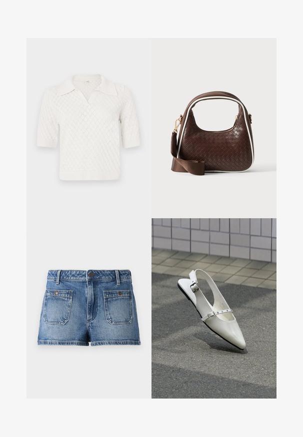 Polo de punto blanco, de manga corta, con un patrón de diamantes, que presenta un cuello clásico y puños y dobladillo acanalados.; Pantalones cortos de mezclilla en azul claro con un acabado desvaído, diseño de cinco bolsillos, dos bolsillos frontales, dos bolsillos traseros y una cintura con botón.; Zapato plano blanco con punta puntiaguda y diseño slingback con dos hebillas plateadas, mostrado al aire libre sobre un suelo texturizado y fondo de pared con azulejos.; Bolso de mano de piel trenzada marrón con ribete blanco, cremallera dorada y correa de hombro de tela marrón desmontable.