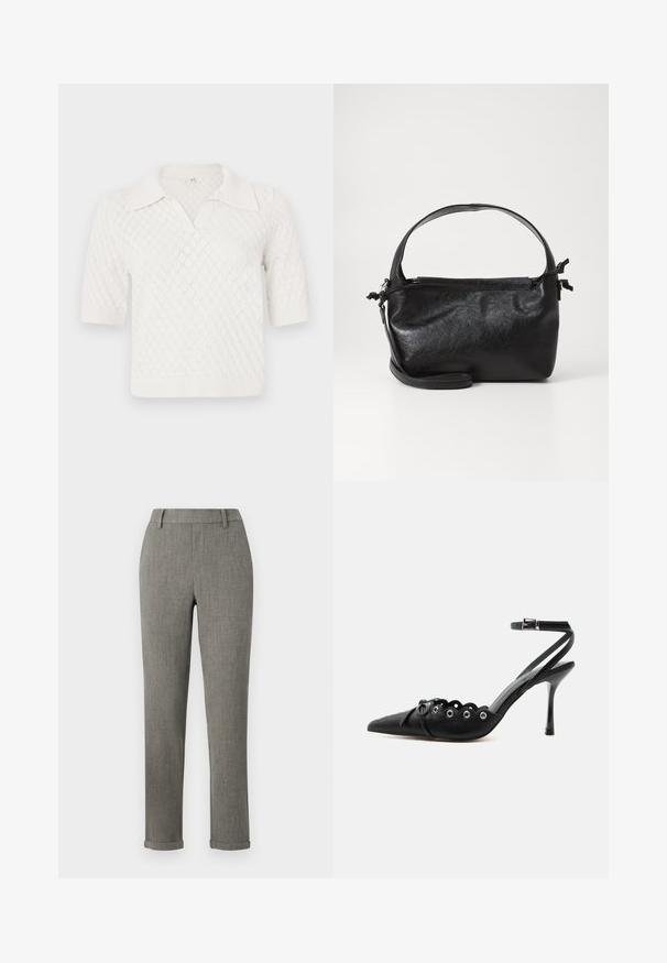 Kortærmet, hvid strikket polo-shirt med diamantmønster, der har en klassisk krave samt ribbet manchetter og kant.; Grå skræddersyede slim-fit bukser med bæltestropper og opsmøgede kanter, velegnet til formelt eller kontorbrug.; Sort spids hæl med bølgede kanter, metaløjer, snørelukning foran og ankelrem med spænde.; Sort læderhåndtaske med et struktureret design, rund tophåndtag og aftagelig skulderrem. Den har en glat tekstur og en subtil glans.