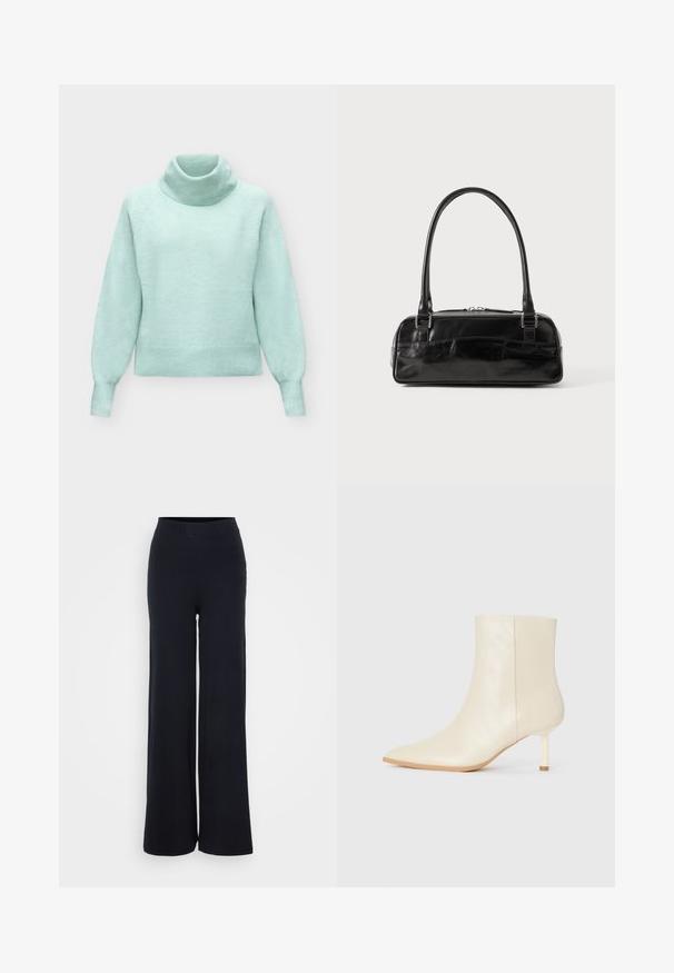 Lyseblå strikket rullekravesweater med lange ærmer og ribstrikkede manchetter og kant på en ens hvid baggrund.; Sorte ribbede bukser med bred benvidde, struktureret finish og elastisk talje, som har en afslappet pasform og ingen synlig hardware.; Cremefarvet ankelstøvle med spids tå og slank mellemhøj hæl, glat tekstur, vist fra ydersiden på hvid baggrund.; Sort læderhåndtaske med rektangulær form, der har et enkelt struktureret håndtag, sølvhardware og lynlås-lukning. Glat tekstur.