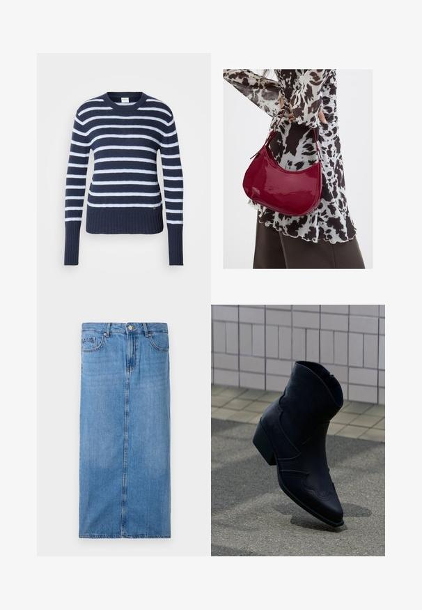 Marineblauwe en witte gestreepte gebreide trui met een ronde hals, geribbelde zoom en lange mouwen. Zachte textuur met een subtiel horizontaal patroon.; Denim midi rok in lichtblauw, met een rechte silhouet, zijnaad, en standaard taille met vijf riemlussen en een metalen knoopsluiting.; Zwarte leren enkellaars met lage hak, decoratieve stiksels en puntige neus, rechtop geplaatst op een betegelde ondergrond naast een betegelde muur.; Vrouw met een zwart-wit gebloemde blouse houdt een glanzende rode schoudertas vast tegen een effen achtergrond.
