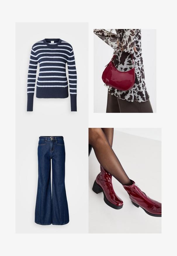 Pull en maille à rayures bleu marine et blanches avec un col ras du cou, un ourlet côtelé et des manches longues. Texture douce avec un motif horizontal subtil.; Jean en denim foncé à jambe large avec une taille haute, cinq poches et fermeture à bouton en métal. Texture lisse et détails de couture subtils.; Bottines rouges en cuir verni avec un talon large noir et un détail de fermeture éclair. Texture lisse, design élégant avec un bout arrondi.; Femme portant un chemisier à motif noir et blanc tenant un sac à main rouge brillant sur un fond uni.