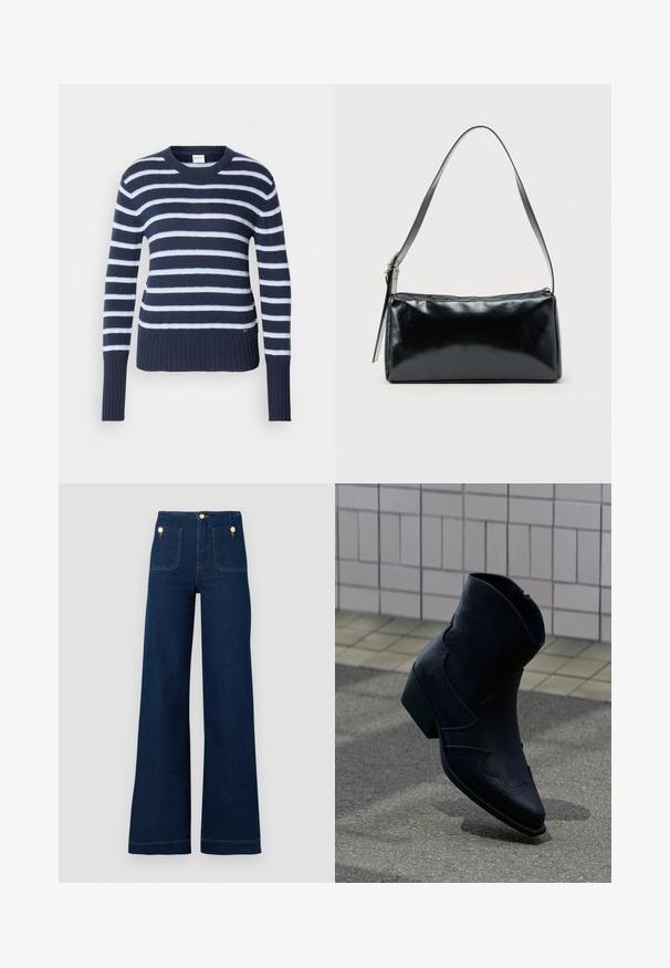 Marineblå og hvide stribede strikkede sweater med rund halsudskæring, ribbet kant og lange ærmer. Blød tekstur med subtilt horisontalt mønster.; Mørkeblå vidde jeans med høj talje, guldknap-detaljer, to for- og baglommer samt kontrastsyede detaljer. Tekstureret denim stof.; Sort læderankelstøvle med lav hæl, dekorative syninger og spids tå, placeret opret på en brolagt overflade ved siden af en flisebelagt væg.; Sort rektangulær skuldertaske med en enkelt justerbar rem og lynlås i toppen på en ensfarvet baggrund.