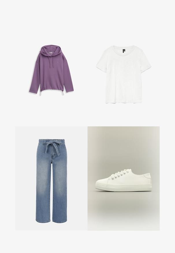Lilla hættetrøje med lange ærmer, ribbet afslutning og snore. Glat tekstur og logo detaljer på brystet. Casual pasform.; Hvid kortærmet t-shirt med rund halsudskæring, lavet af letvægtsstof. Enkel design, glat tekstur og lige kant.; Lyseblå jeans med høj talje og vide ben, udstyret med et bundet stofbælte og forlommer, med en let falmet vaskeeffekt.; Hvid lavtop sneaker med hvide snørebånd og gummisål vist fra siden på en neutral baggrund.