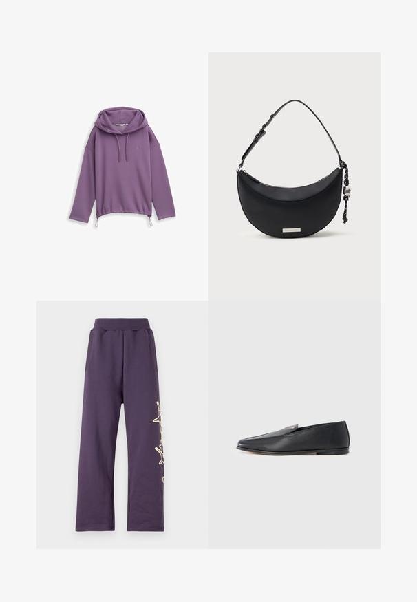 Violetti huppari pitkillä hihoilla, reunat venytettynä ja nauhakuji. Sujuva pinta ja logotaito rinnassa. Rentoa istuvuutta.; Violetti verkkarit, joissa on joustava vyötärö, sivutaskut ja kultainen grafiikkasuunnittelu vasemmassa lahkeessa. Pehmeä materiaali ja väljä istuvuus.; Musta nahkainen loafer-kenkä, jossa on sileä pinta, pyöreä kärki ja hillityt ompelu-yksityiskohdat. Yläosassa on kultainen logokoriste.; Musta kuusikulmainen olkalaukku säädettävällä hihnalla, hopeapitsin vetoketjulla ja pienellä hopeajulkaisu edessä, johon on kiinnitetty koristeellinen charm.