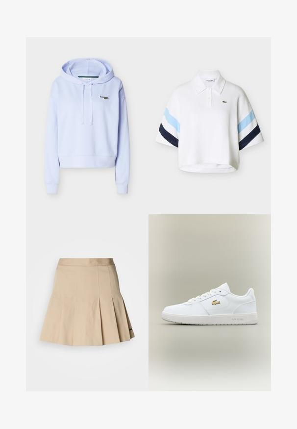 Sweat à capuche violet clair avec manches longues, cordons de serrage et petit logo Lacoste sur le haut gauche de la poitrine.; Polo blanc court avec des rayures bleu clair et bleu marine sur les manches et un petit logo crocodile vert sur la poitrine.; Jupe plissée beige en tissu mélange de coton. Présente une taille ajustée et un petit logo brodé sur l'ourlet. Texture lisse.; Baskets en cuir blanc avec un design basse, bout arrondi, fermeture à lacets et un accent du logo doré Lacoste sur le côté.