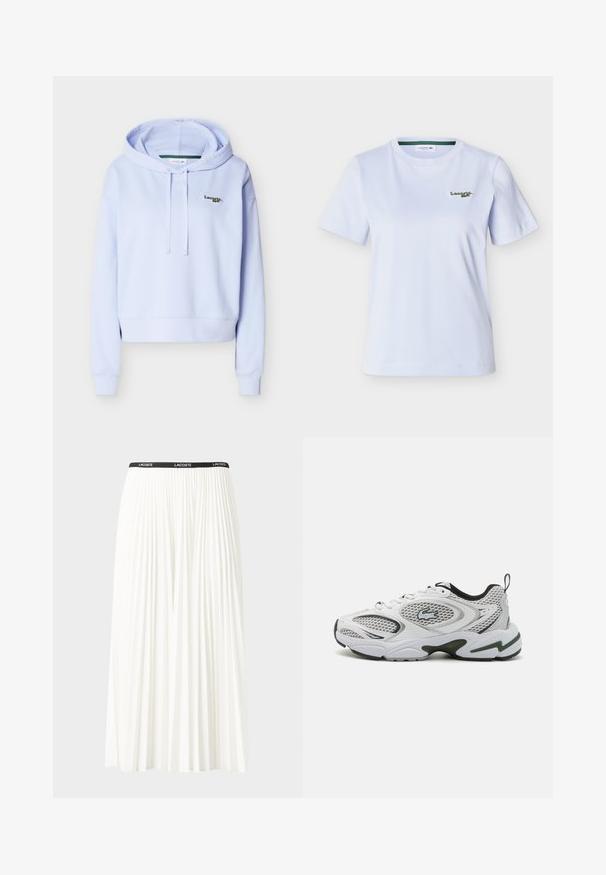 Sweat à capuche violet clair avec manches longues, cordons de serrage et petit logo Lacoste sur le haut gauche de la poitrine.; T-shirt blanc à manches courtes et col rond avec petit logo Lacoste vert brodé sur la poitrine gauche.; Jupe plissée blanche avec une taille élastique noire portant le logo "LACOSTE". Design mi-long avec une texture douce.; Baskets blanches avec des panneaux en mesh, des accents noirs et une semelle texturée. Présente un design élégant et un logo bien en vue sur le côté.