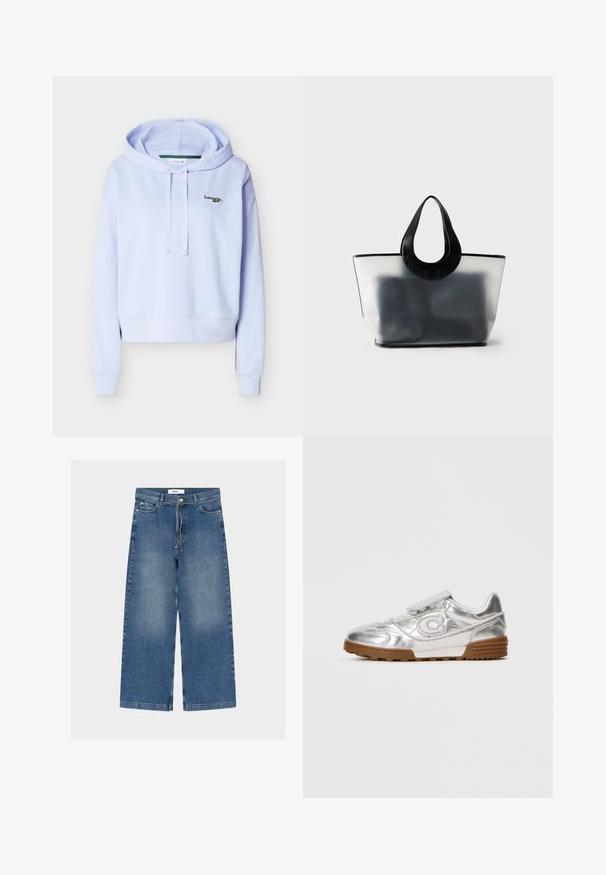 Sweat à capuche violet clair avec manches longues, cordons de serrage et petit logo Lacoste sur le haut gauche de la poitrine.; Jean en denim bleu à jambes larges avec poches avant et ceinture nouée, présentant des zones légèrement décolorées sur les cuisses.; Sneaker métallique argenté avec un logo "C" blanc, des lacets blancs et une semelle en caoutchouc marron, présenté sur le côté sur un fond clair uni.; Sac tote gris translucide avec poignées noires arrondies embossées du nom de la marque, montrant un contenu sombre flou à l'intérieur.