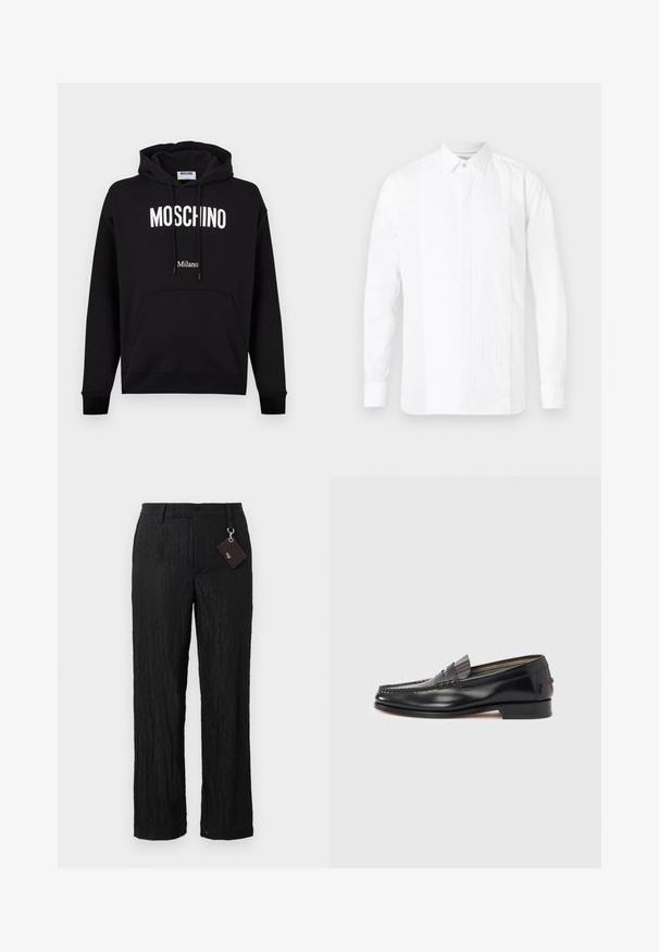 Sort bomulds-hoodie med kængurulomme, snøre i hætten og hvidt "MOSCHINO" og "Milano" logo tekst. Glat tekstur, klassisk pasform.; Hvid langærmet skjorte med klassisk krave, med en plisseret frontpanel og glatte sider, lavet af bomuldsstof. Diskret blank finish.; Sorte, teksturerede bukser med vide ben, glat overflade og synlige sømme; inkluderer et mærke fastgjort med en sølvhardware løkke.; Sorte læderloafers med moccasin-design, der har en dekorativ bånd og syningsdetaljer på overdelen. Lav blokhæl.