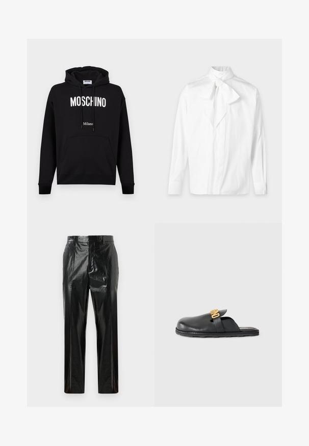 Sudadera con capucha de algodón negro con bolsillo tipo canguro, capucha con cordón y texto del logo en blanco "MOSCHINO" y "Milano". Textura suave, ajuste clásico.; Blusa blanca de manga larga con cuello de lazo atado y puños abotonados sobre un fondo liso.; Pantalones rectos de vinilo negro brillante con lazos para cinturón, cierre frontal oculto y detalles de pliegues marcados.; Mule de cuero negro sin tacón con un detalle decorativo de cinta dorada y una suela de goma texturizada y baja sobre un fondo liso.