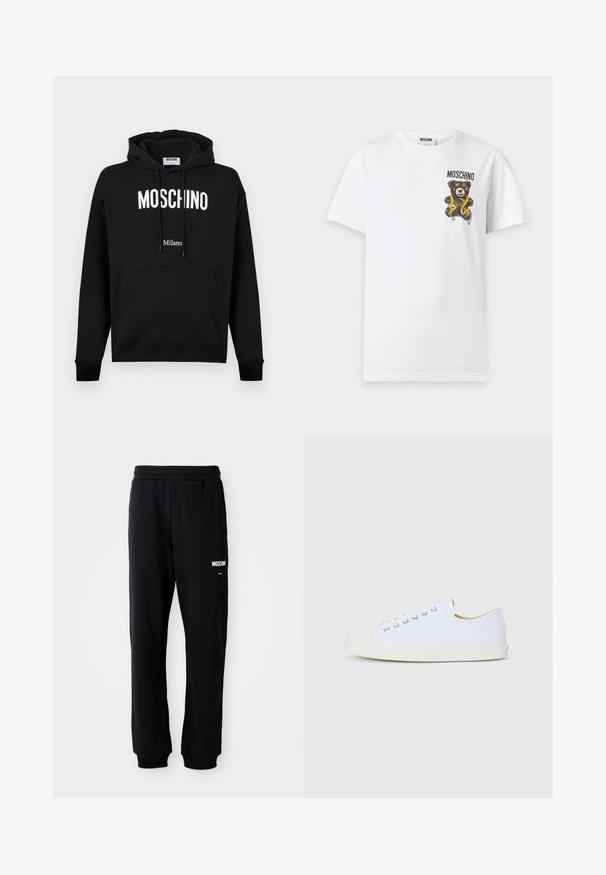 Sudadera con capucha de algodón negro con bolsillo tipo canguro, capucha con cordón y texto del logo en blanco "MOSCHINO" y "Milano". Textura suave, ajuste clásico.; Camiseta blanca de manga corta con un pequeño oso de peluche marrón sosteniendo una cinta métrica amarilla y texto "MOSCHINO" en la parte superior izquierda del pecho.; Pantalones de chándal negros con un corte relajado, hechos de una tela suave. Presentan una cintura elástica y el logo blanco de "Moschino" en el muslo izquierdo.; Zapatilla de lona blanca con punta redondeada, puntera de goma y suela plana. Presenta ojetes de metal y un diseño simple de cordones.