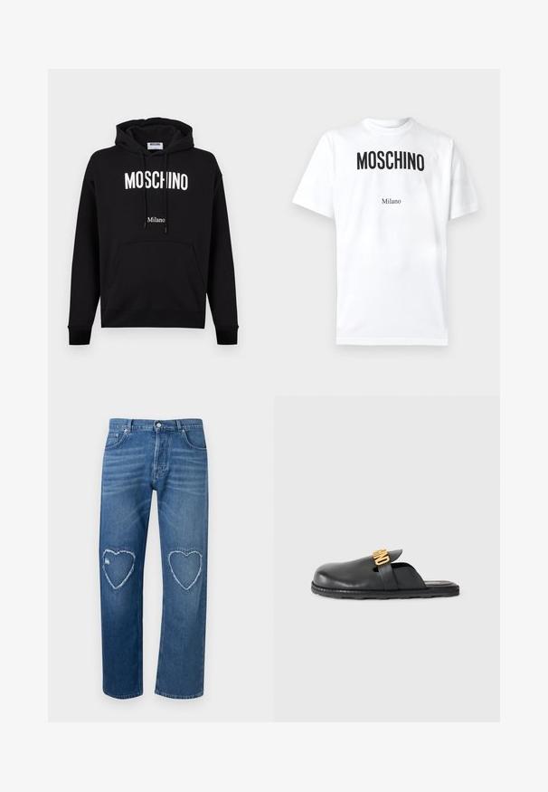 Schwarzer Baumwoll-Hoodie mit Kängurutasche, Kordelzugkapuze und weißem "MOSCHINO"- und "Milano"-Logotext. Glatte Textur, klassischer Schnitt.; Weißes Baumwoll-T-Shirt mit auffälligem schwarzen "MOSCHINO"-Schriftzug und kleinem "Milano" darunter. Kurzärmlig mit klassischem Rundhalsausschnitt.; Blaue Denim-Jeans mit hoher Taille, geraden Beinen und ausgefransten, herzförmigen Ausschnitten an beiden Knien.; Schwarze Leder-Mules zum Hineinschlüpfen mit einem goldfarbenen, dekorativen Riemen und einer niedrigen, strukturierten Gummisohle auf einem einfarbigen Hintergrund.