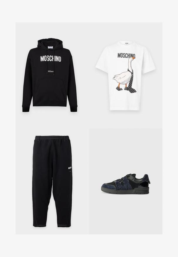 Čierna bavlnená mikina s kapucňou so šnúrkou, predným klokanie vreckom a bielym logom "MOSCHINO" a nápisom "Milano". Hladký materiál, klasický strih.; Biele bavlnené tričko s obrázkom kreslenej kačky nosiacej kravatu s bodkami a čierne topánky. Nad ilustráciou je vytlačený nápis "MOSCHINO".; Čierne zúžené tepláky s elastickým pásom, bielym kontrastným prešívaním a malým bielym logom "Moschino" na hornej časti stehna.; Čierne a námornícke tenisky sú vyrobené z semišových a sieťovinových materiálov, majú hrubú podrážku a výrazný výrez v tvare "M" na boku.