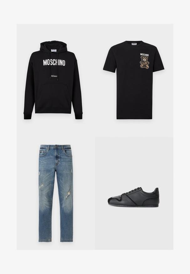 Sudadera con capucha de algodón negro con bolsillo tipo canguro, capucha con cordón y texto del logo en blanco "MOSCHINO" y "Milano". Textura suave, ajuste clásico.; Camiseta de algodón negra con un gráfico de un oso de dibujos animados en el pecho izquierdo y el texto "MOSCHINO" encima. Diseño estándar de cuello redondo.; Jeans azules de corte recto con lavado desgastado y rasgaduras desgastadas en muslos y rodillas, con bolsillos delanteros y traseros y trabillas para cinturón.; Zapatillas deportivas negras con parte superior de cuero suave, detalles texturizados sutiles y una puntera de gamuza negra en contraste. Tiene una suela de goma.
