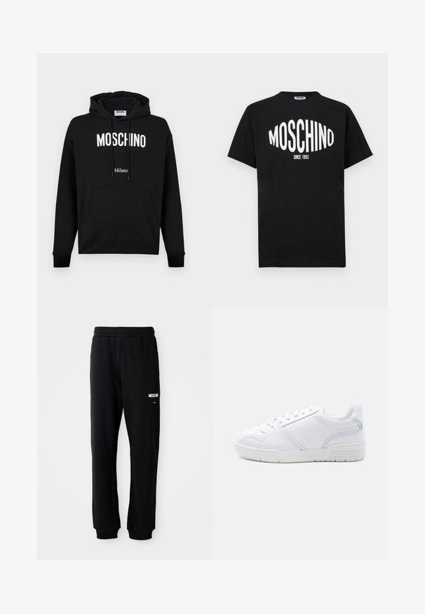 Sudadera con capucha de algodón negro con bolsillo tipo canguro, capucha con cordón y texto del logo en blanco "MOSCHINO" y "Milano". Textura suave, ajuste clásico.; Camiseta de algodón negra con un gran logo blanco "MOSCHINO" y el texto "SINCE 1983", con un cuello redondo clásico y mangas cortas.; Pantalones de chándal negros con un corte relajado, hechos de una tela suave. Presentan una cintura elástica y el logo blanco de "Moschino" en el muslo izquierdo.; Zapatilla blanca de perfil bajo con diseño de cordones, parte superior sintética lisa y suela de goma con patrón sobre un fondo claro y liso.