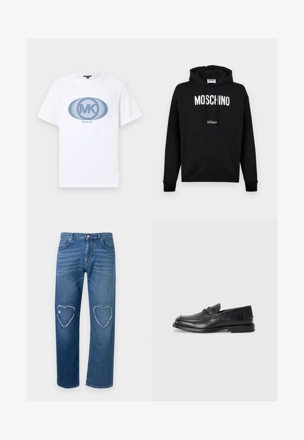 Sweat à capuche en coton noir avec poche kangourou, capuche à cordon de serrage et logo blanc "MOSCHINO" et "Milano". Texture lisse, coupe classique.; T-shirt blanc à manches courtes avec logo ovale rayé bleu "MK" et texte "Michael Kors" centré sur le devant.; Jean en denim bleu à taille haute, jambes droites, avec des découpes en forme de cœur effilochées sur les deux genoux.; Des mocassins en cuir noir présentent un bout arrondi, des détails cousus et un petit accent doré à l'avant. La semelle est plate et discrète.