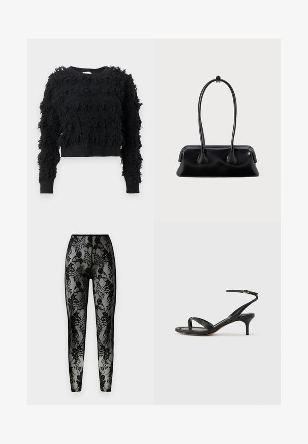 Sort cropped sweater med en struktureret, fluffy overflade. Lange ærmer og en rund halsudskæring, der har uregelmæssige mønstre i hele stoffet.; Sorte blonde leggings med blomstermønster, gennemsigtigt stof og en tæt pasform, med en glat talje og lukkede sømme.; Sort damesandal i læder med tynde remme, en tå-loop, ankelspænde og en mellemhøj stiletthæl på en neutral baggrund.; Sort læderhåndtaske med to forlængede håndtag, en glat tekstur og en rund bund med dekorative detaljer på siderne.