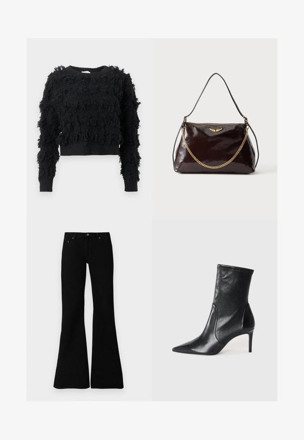 Pull noir court avec une surface texturée et duveteuse. Manches longues et col rond, arborant des motifs irréguliers sur tout le tissu.; Jean évasés noirs en denim, avec un design classique à cinq poches, fermeture à bouton et détails de couture subtils le long des coutures.; Bottes noires à la cheville en cuir lisse, dotées d'un bout pointu, d'un tige ajustée et d'un talon haut fin. Design minimaliste sans quincaillerie visible.; Sac à main en cuir brillant marron foncé avec un emblème en forme d'aile dorée, détail de chaîne dorée et une fine bandoulière en cuir sur un fond uni.