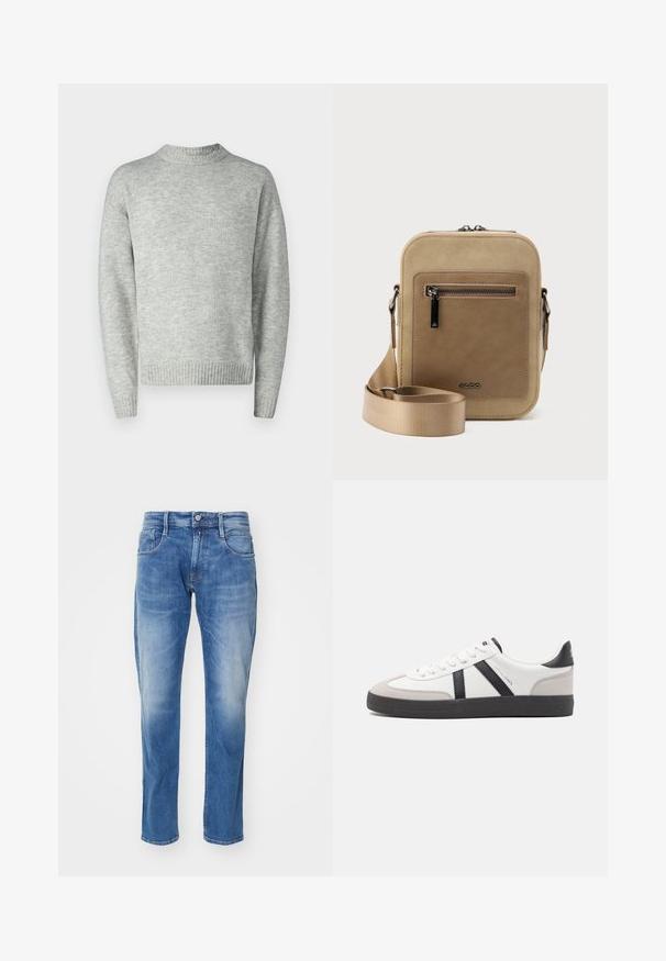 Helles grauer Pullover, gestrickte Textur, Rundhalsausschnitt, lange Ärmel, gerippter Saum und Bündchen, lockere Passform, minimalistisches Design.; Hellblaue Jeans aus Denim mit geradem Bein, fünf Taschen, dezentem Verblassen und einem normalen Bund mit Knopfverschluss.; Weiße Sneaker mit schwarz- und grau-aczenten, ausgestattet mit einer strukturierten grauen Zehenkappe, schwarzer Gummi-Sohle und flachen weißen Schnürsenkeln. Sauberes Design, minimalistische Stil.; Kleine beige Umhängetasche mit vorderer Reißverschlusstasche, metallischem ALDO-Logo, verstellbarem breitem Riemen und abgerundeter rechteckiger Form vor weißem Hintergrund.