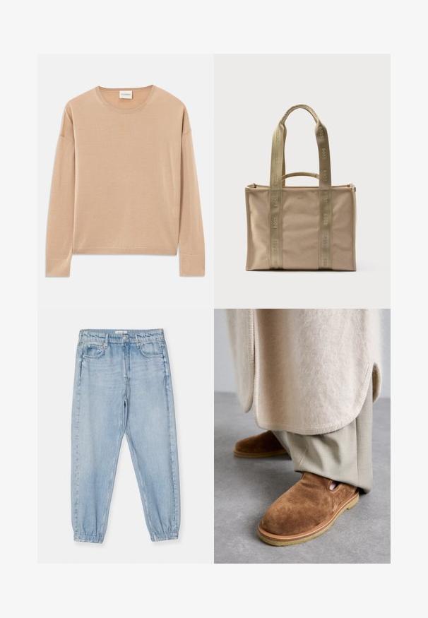 Beige langærmet sweater med rund halsudskæring, afslappet pasform og ribbede detaljer ved ærmer og nederkant. Blød, glat tekstur med minimalistisk design.; Lysblå denimbukser med elastisk talje, smalle ben og forlommer. Stoffet har en blød, tekstureret overflade.; Brune ruskinds slip-on sko med rund tå, gummisul, og detaljer med udskæring i siden, parret med lyse beige skræddersyede bukser.; Beige stofnetpose med to øverste håndtag og logo-prægede stropper. Rektangulær form, sømfri sider og lynlåslukning.
