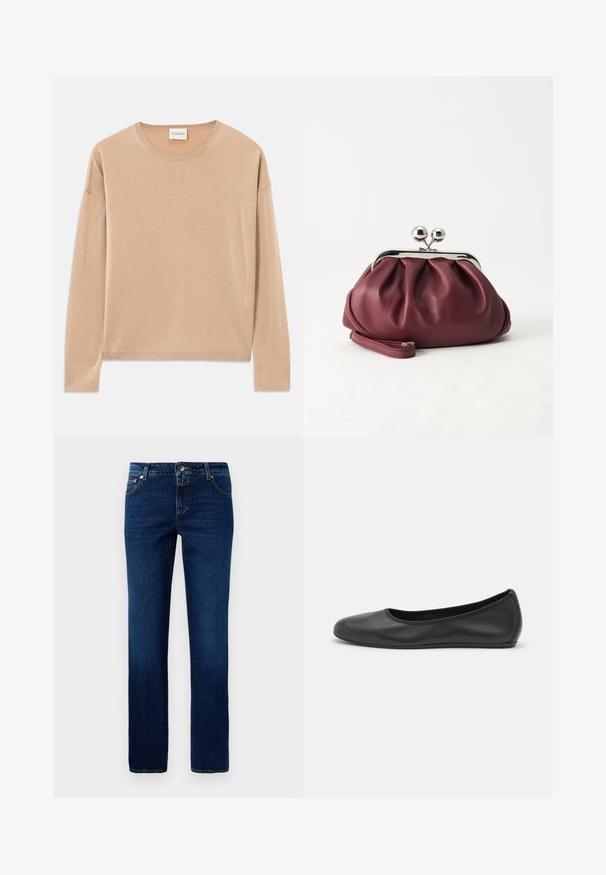 Beige Langarmpullover mit rundem Halsausschnitt, lockerer Passform und Rippdetails an den Bündchen und dem Saum. Weiche, glatte Textur mit minimalistischem Design.; Dunkelblaue Jeans aus Denim mit geradem Bein, klassischem Bund, fünf Taschen und dezenten Nähten an den Säumen.; Schwarze Leder-Ballettschuhe mit abgerundeter Spitze, glatter Textur, minimalen Nähdetails und einem flexiblen Sohlen-Design.; Kleine burgunderrote Lederclutch mit silbernem Metallverschluss und Handgelenksriemen auf weißem Hintergrund.