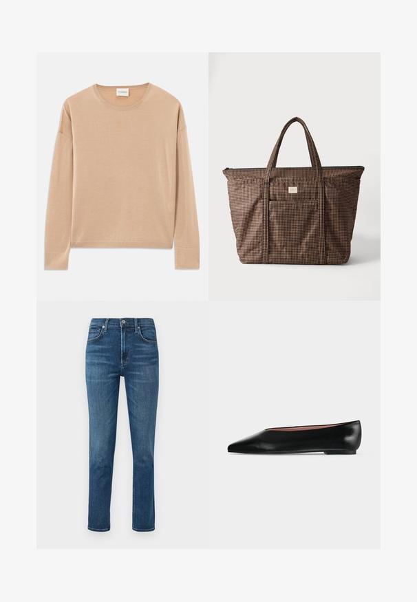 Beige Langarmpullover mit rundem Halsausschnitt, lockerer Passform und Rippdetails an den Bündchen und dem Saum. Weiche, glatte Textur mit minimalistischem Design.; Dunkelblaue Denim-Jeans mit geradem Bein, fünf Taschen-Design und einem Metallknopf an der Taille. Dezente Ausbleichungen und Nähedetails.; Schwarzer flacher Damenleder-Schuh mit spitzer Kappe und niedrigem Absatz, von der Seite auf einfarbigem hellgrauem Hintergrund gezeigt.; Braune und schwarze kleine karierte Tragetasche mit zwei Griffen und einer Vordertasche vor weißem Hintergrund.