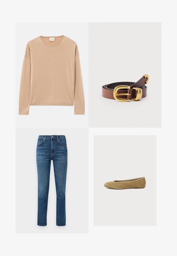 Beige langærmet sweater med rund halsudskæring, afslappet pasform og ribbede detaljer ved ærmer og nederkant. Blød, glat tekstur med minimalistisk design.; Mørkeblå denim jeans med lige ben, fem-lomme design og en metalknap i taljen. Diskret falming og syninger.; Beige ruskind balletflat med rund tå og lav hæl, enkelt design og subtilt præget logo nær hælen.; Brunt læderbælte med en glat tekstur, spænde i guldfarvet metal og buede detaljer. Flere huller for justerbar størrelse.