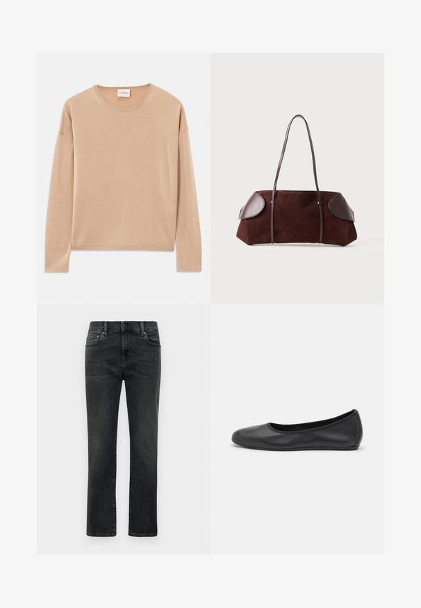Jersey de manga larga color beige con cuello redondo, ajuste relajado y detalles de canalé en los puños y el dobladillo. Textura suave y lisa con un diseño minimalista.; Jeans de hombre de pierna recta, negros y deslavados, con botón frontal y diseño de cinco bolsillos sobre fondo blanco liso.; Bailarina de piel negra con punta redondeada, textura suave, detalle de costura minimalista y diseño de suela flexible.; Bolsa de ante marrón con acentos de cuero, forma estructurada, doble strap para el hombro y bordes redondeados, con una textura suave y hardware minimal.