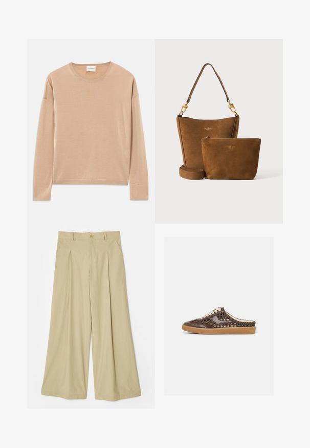 Jersey de manga larga color beige con cuello redondo, ajuste relajado y detalles de canalé en los puños y el dobladillo. Textura suave y lisa con un diseño minimalista.; Pantalones de pierna ancha beige hechos de tela ligera. Presentan un frente plano, dos bolsillos laterales y un acento en forma de triángulo en tono dorado en la cinturilla.; Zapatilla deportiva marrón de cuero tejido, tipo slip-on, con cordones blancos y suela de goma color beige, mostrada de perfil sobre un fondo claro y liso.; Bolso tipo cubo de ante marrón con correa desmontable y pequeño bolso con cremallera a juego, ambos con herrajes dorados y logo sutil de la marca.