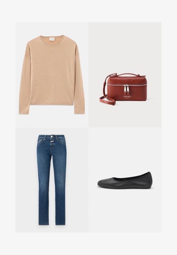 Beige pitkähihaine neulepaita, jossa on pyöreä kaula-aukko, rento istuvuus ja ribbireunat hihoissa ja helmaosassa. Pehmeä, sileä materiaali, jossa on minimalismi design.; Tummansiniset farkut suoranlahkeisella muotoilulla, perinteisellä viiden taskun tyylillä ja vetskarilla, jossa on nappisuljenta. Kankaassa on kulutustyylisiä yksityiskohtia.; Musta nahkainen ballerina, jossa on pyöristetty kärki, sileä pinta, minimaalinen ommelkoristelu ja joustava pohjamuotoilu.; Pieni ruskea nahkainen olkalaukku, jossa on kaksinkertainen hopeinen vetoketju ja säädettävä olkahihna. Edessä Emporio Armanin logo.