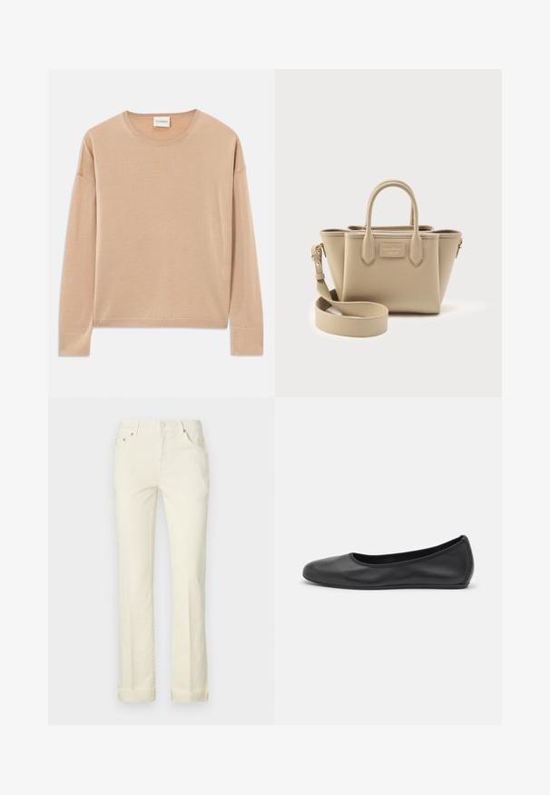 Beige trui met lange mouwen en een ronde hals, relaxte pasvorm en geribbelde details bij de manchetten en onderrand. Zachte, gladde textuur met een minimalistisch ontwerp.; Lichtgele rechte jeans van katoen, met een vijf-pocket ontwerp, riemlussen en opgerolde boorden aan de zoom.; Zwarte leren ballerina met een ronde neus, gladde textuur, minimale stikdetails en een flexibele zoolontwerp.; Beige gestructureerde handtas met twee bovenhandvatten, een afneembare schouderriem en een rechthoekige logopatch aan de voorkant.