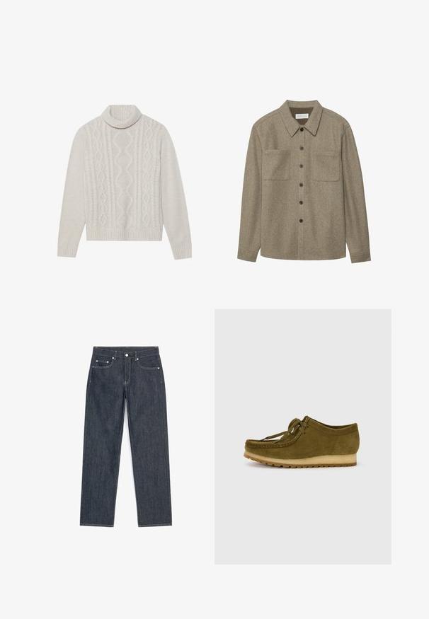 Crème-kleurige kabelgebreide trui met een hoge ribbels-collarf, voorzien van een textuurpatroon en ribbels bij de manchetten en onderrand. Zachte wolmix.; Bruine wollen button-up shirt met een puntkraag, twee borstzakken en zwarte knopen. Gladde textuur met een ontspannen pasvorm.; Donkerblauwe rechttoe rechtaan jeans met vijf zakken, zichtbare witte stiksels en een knoop- en ritsluiting.; Olijfgroene suède schoen met een ronde neus, vetersluiting en een lage, gestructureerde rubberen zool. Minimale stiknaad details langs de rand.