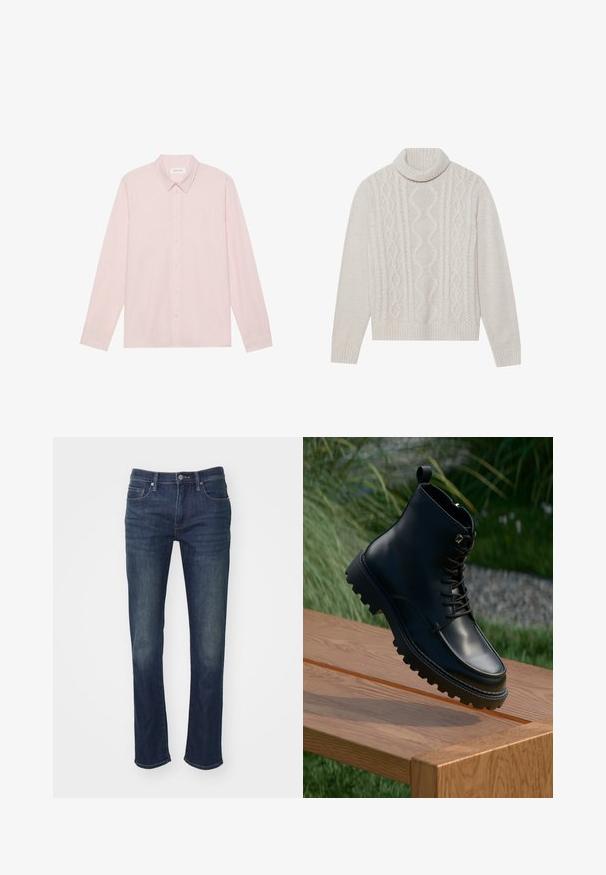 Pull en maille torsadée couleur crémeux avec un col haut à côtes, présentant un motif texturé et des poignets et un ourlet côtelés. Matière douce en mélange de laine.; Chemise à manches longues boutonnière rose clair avec un col pointu, fabriquée en tissu lisse, dotée d'une fermeture à boutons sur le devant et d'un design minimaliste.; GAP SLIM SOFT SOLANO - Jean slim - dark wash; Botte de cheville en cuir noir avec une finition lisse, un laçage à l'avant, une semelle épaisse striée et une languette. Positionnée au-dessus d'une surface en bois.