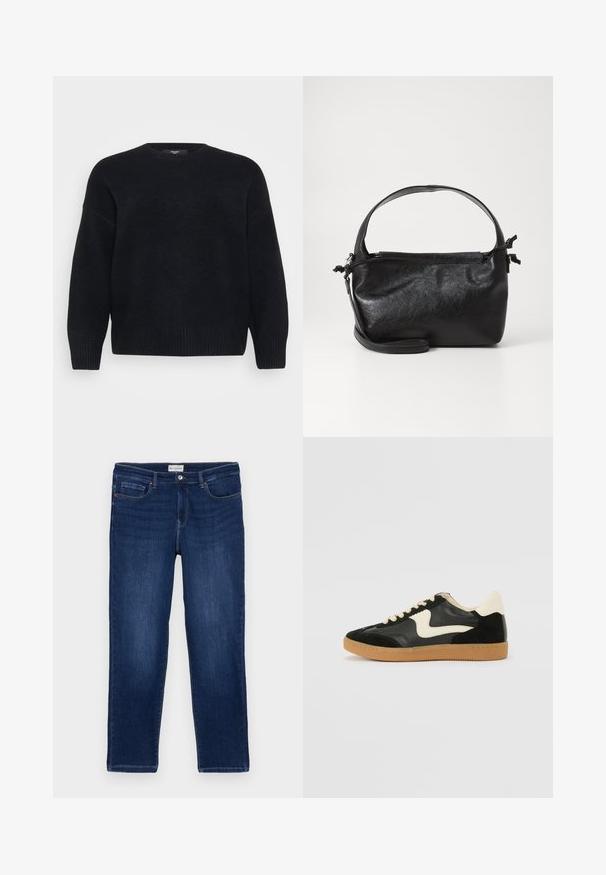 Vero Moda Curve Knitted VMCBOOM Knitted - Striktrøje - black; Mørkeblå denim jeans med lige pasform, fem-lomme design, synlige sømme og en metalknaplukning i taljen.; Sorte ruskinds- og lædersneakers med en cremefarvet side-swoosh og lys cremefarvet hæl. Har beige snørebånd og en gummirubber-sål.; Sort læderhåndtaske med et struktureret design, rund tophåndtag og aftagelig skulderrem. Den har en glat tekstur og en subtil glans.