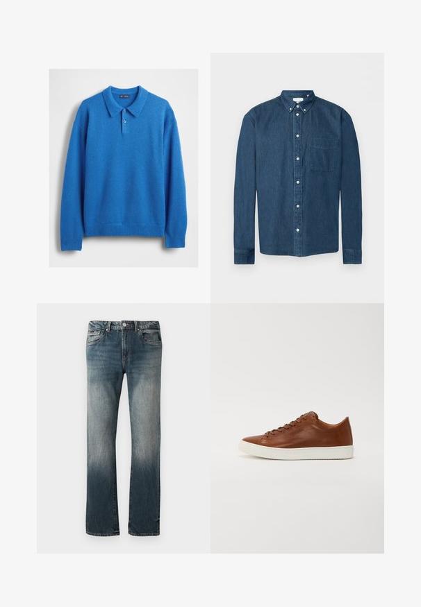 Blauer Pullover mit Kragen, Drei-Knopf-Leiste und gerippten Bündchen sowie Saum. Weiche Textur, lässiges Design.; Knopfbares dunkelblaues Denim-Hemd mit langen Ärmeln, einer Brusttasche links und einem Button-Down-Kragen, dargestellt vor weißem Hintergrund.; Herrliche gerade geschnittene blaue Denim-Jeans mit ausgewaschenem Effekt und Fünf-Taschen-Design auf weißem Hintergrund.; Braunes Leder-Sneaker mit runder Zehe, weißer Gummisohle und klaren Linien. Verfügt über eine Schnürung und dezente Markierung an der Seite.