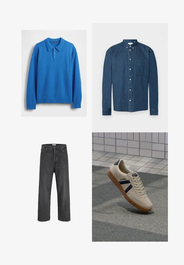 Blå pullover-trøje med krave, tre knapper i stolpen og ribstrikkede manchetter og kant. Blød tekstur, afslappet design.; Mørkeblå denimskjorte med knapper, lange ærmer, en forlommer til venstre og en knaplukket krave, vist på en hvid baggrund.; Sorte højtaljede jeans med lige ben, knap- og lynlås-lukning, bæltestropper samt lommer foran og bagpå.; Beige sneaker med struktureret overflade, marineblå striber og gummisål. Har en polstret tunge og traditionelt snørresystem for en sikker pasform.