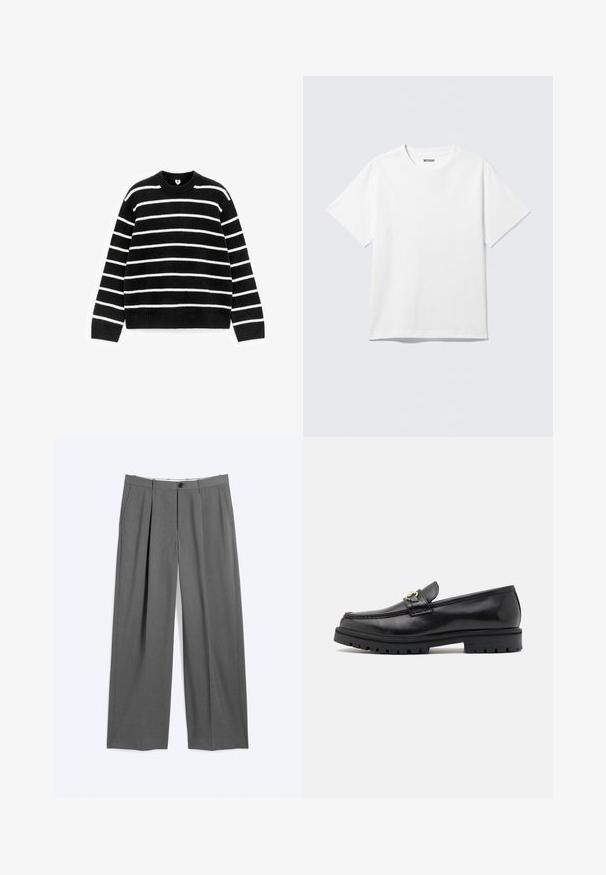 Sort-hvid stribet sweater med rund halsudskæring og ribkant ved ærmerne. Strikket tekstur, afslappet pasform og lige vandrette striber over det hele.; Hvid kortærmet crewneck T-shirt lagt fladt ud, ensfarvet design, med "WEEKDAY" mærkat inde i kraven på en lys baggrund.; Grå formelle bukser med lige ben, for-tilslag, sidelommer, bæltestropper og forlukning foran med knap og lynlås.; Sorte læder loafers med en glat finish, rund tå, en dekorativ rem med guldhardware og en robust sort sål.