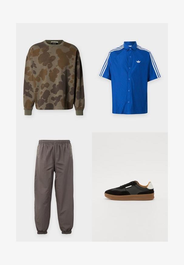 Sweat-shirt à manches longues avec col ras du cou, motif camouflage marron et vert olive, et finitions côtelées aux poignets et à l'encolure.; Chemise bleue à manches courtes avec boutons, logo blanc Adidas sur la poitrine et trois bandes blanches courant sur les épaules et les manches.; Pantalons gris foncé à taille élastique avec une coupe décontractée. Présentent des poignets froncés et une broderie subtile sur les côtés. Tissu léger.; Baskets en daim et cuir noir et gris avec une semelle en caoutchouc gomme, présentant des lacets noirs et un accent blanc au niveau du talon.