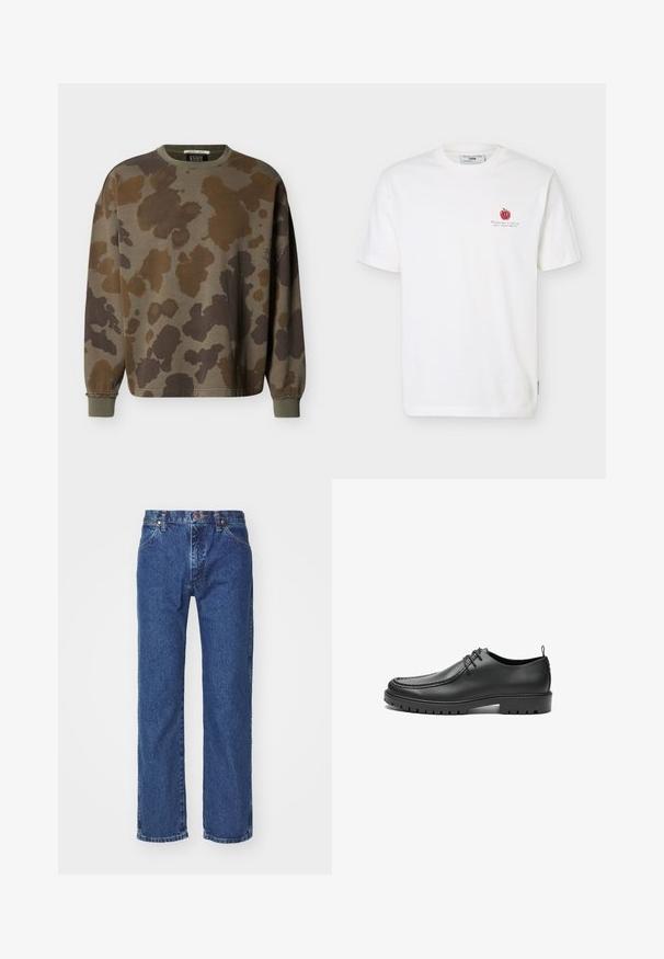 Sweatshirt met lange mouwen en ronde hals, voorzien van een camouflerend patroon in bruin en olijfgroen, met geribbelde manchetten en halslijn.; Wit T-shirt met korte mouwen, kleine rode appelafbeelding en zwarte tekst op de linkerborst, ronde halslijn en merklapje aan de binnenkant van de kraag.; Rechtermode blauwe denim jeans met een voorste knoop, ritssluiting, riemlussen en vijf-vakken ontwerp op een effen witte achtergrond.; Zwarte lederen schoenen met een gladde afwerking, ronde neus en decoratieve stiksels. Beschikt over een rubberen zool met tractiegrepen en een vetersluiting.