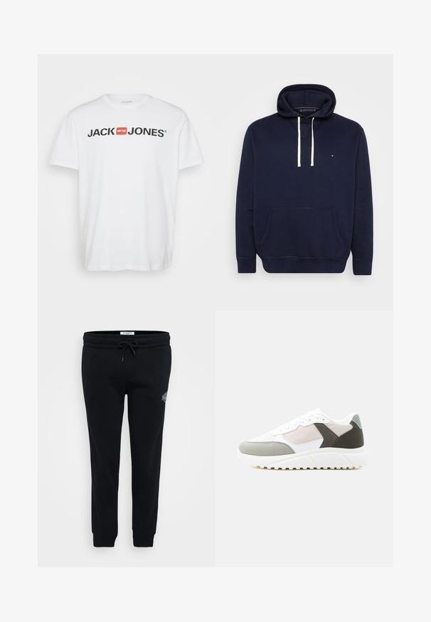 Navyblaue Kapuzenjacke aus Baumwolle mit einer vorderen Kängurutasche, cremefarbenen Kordeln und gesticktem Logo auf der Brust.; Weißes Baumwoll-T-Shirt mit dem schwarzen "JACK & JONES" Logo und einem roten rechteckigen Akzent. Kurze Ärmel und Rundhalsausschnitt. Glatte Textur.; Schwarze Jogginghose aus weichem Material, mit elastischem Bund, Kordelzug, Seitentaschen und einem kleinen Logodetail auf der Hüfte.; Weißer und grauer Sneaker mit niedrigem Schaft, beige- und dunkelgrauen Akzenten, weißen Schnürsenkeln und dicker, weißer, strukturierter Sohle, in Seitenansicht gezeigt.