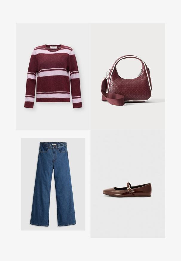 Strikket langærmet sweater med bordeaux og lyserøde horisontale striber og rund halsudskæring på en ensfarvet baggrund.; Bredde ben blå denim jeans med høj talje, der har et klassisk fem-lomme design og en tekstureret taljebånd.; Brun patentlæder balletflade med firkantet tå og strop med en lille guldbuckle. Glat tekstur, lav hæl og minimalistisk design.; Mørkerød vævet lædertaske med buet hank, hvid kant, sølv lynlås og aftagelig bred stofskulderrem mod en ensfarvet baggrund.
