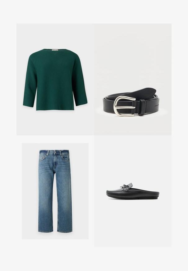 Pull en maille vert foncé avec manches trois-quarts et encolure ronde, présenté sur un fond uni gris clair.; Jean droit bleu en denim avec fermeture à boutons, poches avant et passants de ceinture sur fond blanc.; Mocassin noir en cuir sans dos avec un nœud décoratif sur le dessus, bords cousus et semelle plate sur un fond uni.; Ceinture en cuir noir roulée avec boucle en métal argenté arrondie sur fond blanc uni.