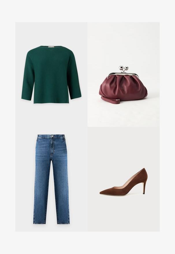 Pull en maille vert foncé avec manches trois-quarts et encolure ronde, présenté sur un fond uni gris clair.; Jean droit bleu à taille haute, fabriqué en denim. Présente une fermeture à bouton et zip à l'avant, avec un léger délavage sur le tissu.; Chaussure à talon haut en daim marron à bout pointu avec un talon aiguille fin sur fond blanc.; Petit sac pochette en cuir bordeaux avec fermoir métallique argenté et bracelet sur fond blanc.