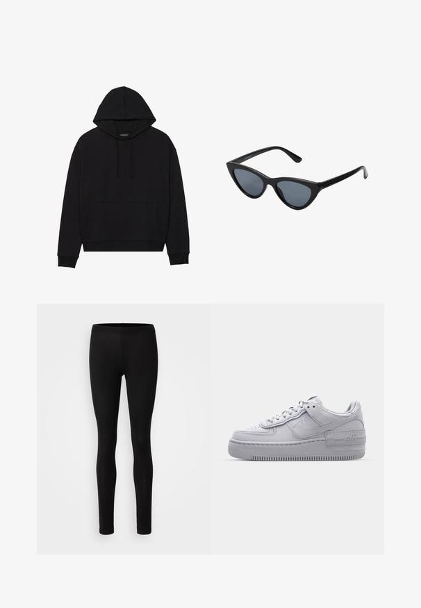 Sort hættetrøje lavet af blødt stof, med en frontlomme, snoretræk og ribkantede ærmer og søm. Enkel, klassisk design.; Sorte leggings lavet af et blødt, strækbart stof. De har en tætsiddende pasform med elastisk talje og en glat, mat overflade.; Grå Nike Air Force 1 sneakers med perforeret tå, glat læderoverdel, tyk sål og præget 'AIR' detalje på hælen.; Sorte katteøje solbriller med mørkegrå linser, slankt plastisk stel, spidse hjørner og lige stænger. Ingen synlig hardware eller dekorationer.