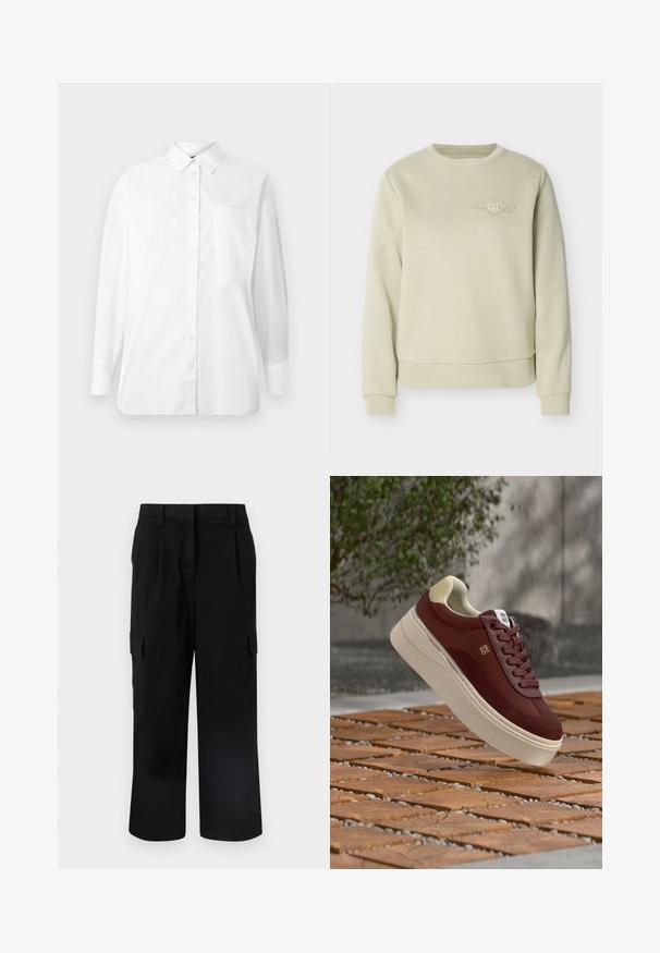 Beige Sweatshirt mit Rundhalsausschnitt, gerippten Bündchen und Saum, mit kleinem weißem, gesticktem Logo auf der oberen linken Brust.; Weißes Langarm-Hemd mit Knopfleiste, Kragen und einer Brusttasche, vor einem schlichten weißen Hintergrund präsentiert.; Schwarze, weit geschnittene Cargo-Hosen mit seitlichen Klappentaschen, Gürtelschlaufen und einem verdeckten vorderen Verschluss.; Weinrote Sneaker mit dicker beiger Sohle und Fersenkappe, Schnürsenkeln und "HUGO"-Logo, schwebend über einer Holz- und Kieselsteinoberfläche im Freien.