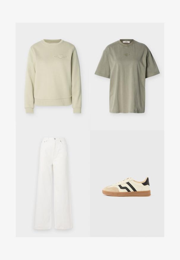 Beige sweatshirt med rund hals og ribstrikkede manchetter og kant, med en lille hvid broderet logo på øverste venstre bryst.; Olivengrøn oversized T-shirt med korte ærmer, rund hals og lille broderet brandlogo centreret på brystet.; Hvide højtaljede brede jeans lavet af denim. Har frontlommer, knaplukning og afrivede kantdetaljer.; Snørestøvler med en cremefarvet overdel med sorte striber og en ruskindsnæsetip, suppleret med en brun gummisål.