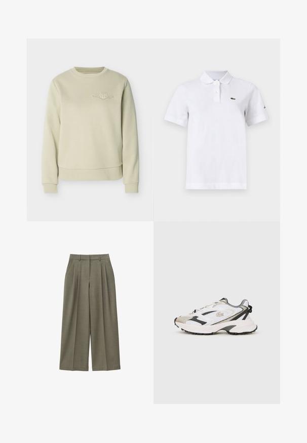 Beige-colourinen fleecepaita pyöreällä pääntiellä, jossa on resorit hihansuissa ja helmassa sekä pieni valkoinen kirjailtu logo vasemman rinnan yläosassa.; Valkoinen lyhythihainen poolopaita, jossa on kaksi nappia, pieni vihreä krokotiililogo vasemmassa rinnassa ja hillitty musta logo vasemmassa hihassa.; Olivevihreät leveät housut, jotka on valmistettu teksturoidusta kankaasta. Housuissa on laskokset, sileä vyötärö ja selkeät viivat, jotka luovat siistin ilmeen.; Valkoiset ja harmaat tossut verkkopäällä, mustat yksityiskohdat ja teksturoitu pohja. Varusteena nauhat, brändäys ja kontrastisia suunnitteluelementtejä.
