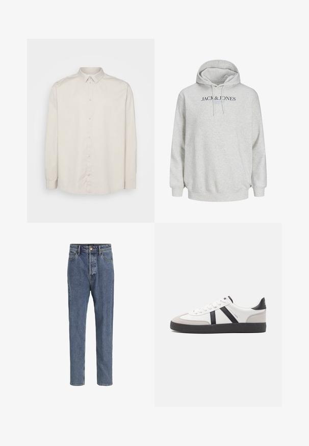 Sweatshirt à capuche gris clair avec des cordons de serrage et "JACK & JONES" imprimé sur la poitrine en texte bleu foncé et bleu clair.; Chemise à manches longues en coton beige clair. Dotée d'un col classique, d'une fermeture à boutons sur toute la longueur et de poignets à boutons. Texture lisse.; Jean en denim bleu clair avec cinq poches, jambes droites, fermeture par boutons et passants de ceinture, présenté sur un fond uni.; Baskets blanches avec des accents noirs et gris, présentant un embout texturé gris, une semelle en caoutchouc noir et des lacets plats blancs. Design épuré, style minimaliste.